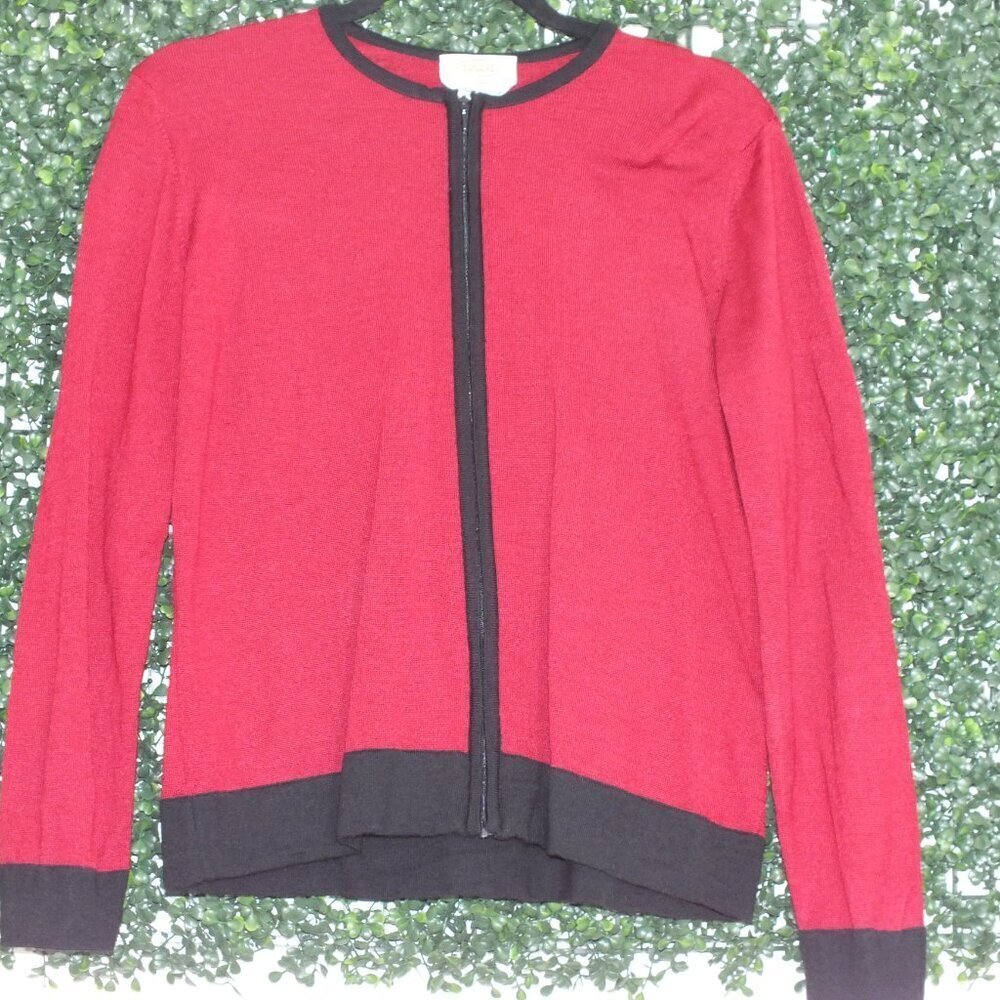 Talbots Vintage Red Black Wool Blend Zip Up Sweater Medium